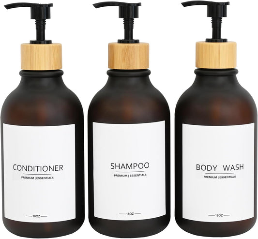 Frosted Plastic Shampoo and Conditioner Bottles, Apothecary Dispenser Bamboo Pump, Refillable Bottles for Shower Lotion, Oil, Hand Soap, Sanitizer, Liquid Soap, Set of 3 with 9 Labels (3, Matte Amber)
