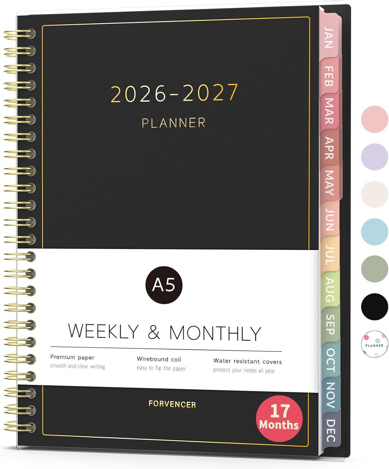 Forvencer Planner 2026-2027, 17 Month Weekly and Monthly Calendar Planner, Jan 2026 -May 2027, 6.3" x 8.4", Daily Agenda Book with Tabs, College Organizer Notebook, School Supplies for Student Teacher Classroom, A5, Black