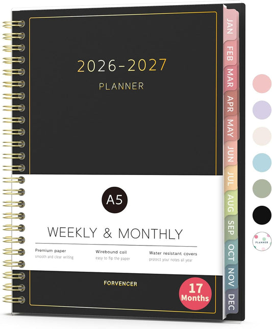 Forvencer Planner 2026-2027, 17 Month Weekly and Monthly Calendar Planner, Jan 2026 -May 2027, 6.3" x 8.4", Daily Agenda Book with Tabs, College Organizer Notebook, School Supplies for Student Teacher Classroom, A5, Black