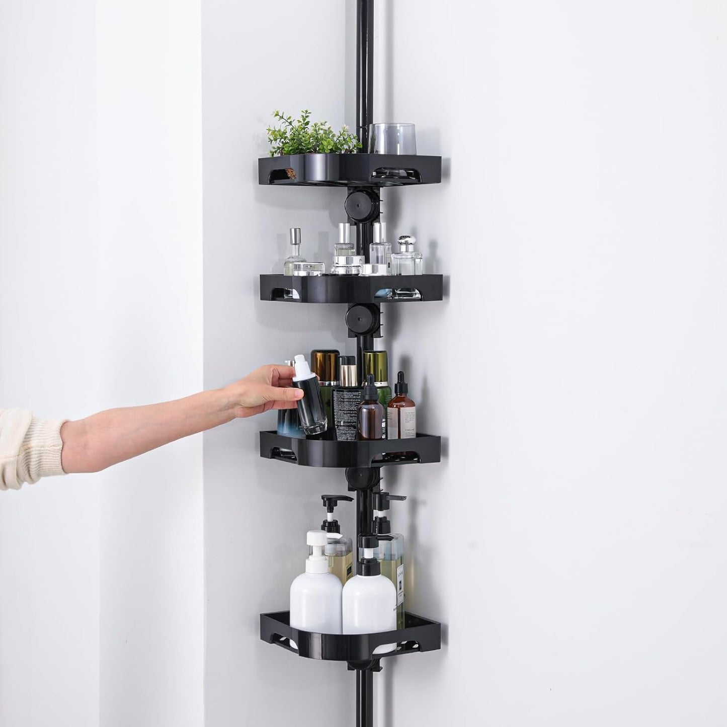 Tension Pole Shower Caddy Organizer with4 Tier L-Shaped Rust Resistant Bathroom Corner Shelves with 34-124 Inch Adjustable No Drilling Quick Install Shower Rack for Bath Essentials (Black)