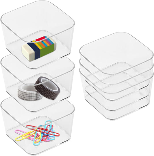 6pcs Clear Acrylic Storage Container, Desk Organizer Drawer Square Tray, Small Makeup Vanity Storage Bins Widely for Kitchen Cabinet, Tool, Office Desk, Gadgets, Pens, Paper Clips, No Lid