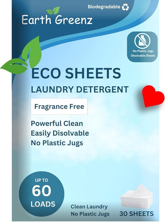 Laundry Detergent Sheets - Fragrance Free - No Plastic Jug (60 Loads) 30 Sheets, Liquidless Technology