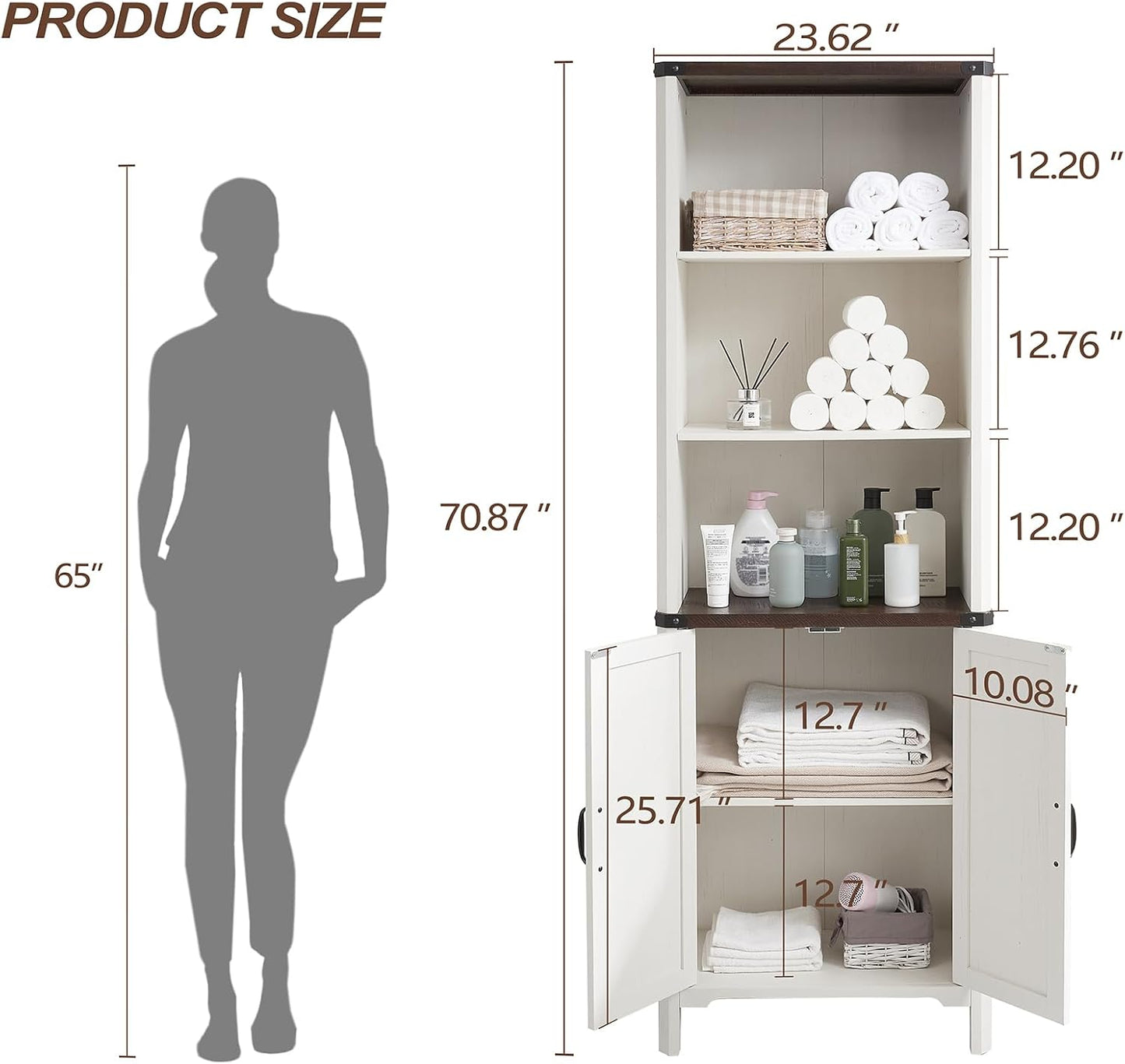 70.87 Tall Bathroom Storage Cabinet, Farmhouse Storage Cabinet with 2 Barn Doors and Adjustable Shelves, Bathroom Organizer for Living Room, Entryway, Kitchen (Antique White)