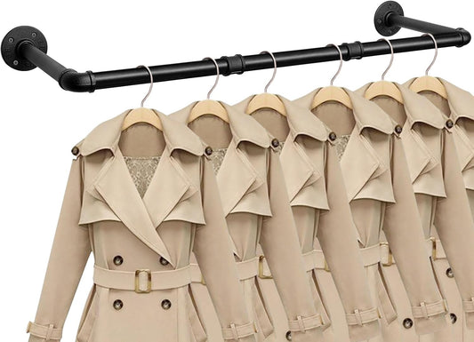 Industrial Iron Pipe Clothes Hanging Bar DIY Wall-Mounted Garment Rack Heavy Duty Clothing Rack for Bedroom, Laundry Room, Closet Storage (Black 40 inch)