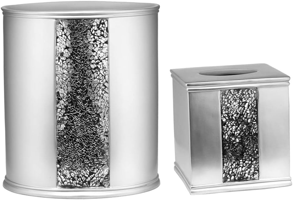 Zahari Home 2pc Sinatra Silver Modern Bath Accessories Set Waste Basket & Tissue Box Modern Classic Contemporary Decorative Beautiful Designs Bathroom Decor Set for Home Mosaic Glass