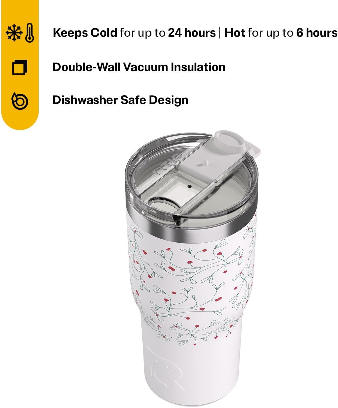 RTIC 30oz Essential Tumbler with Lid, Ceramic Lined, Insulated, Stainless Steel, Metal, Double Wall Vacuum-Insulation, Travel Cup for Iced Coffee, Tea, Hot and Cold Drink, Mistletoe