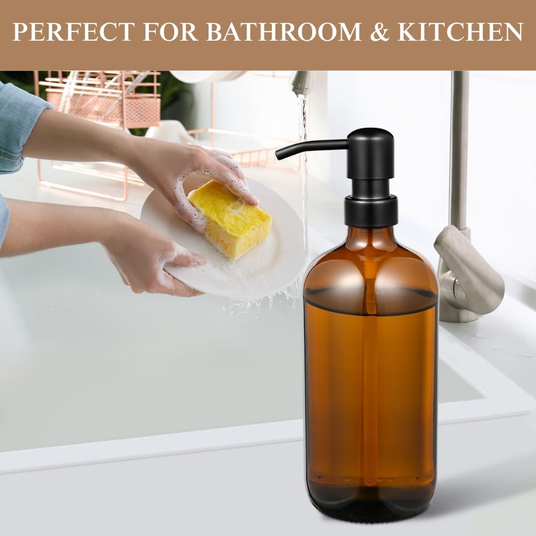 Amber Glass Soap Dispenser with 304 Stainless Steel Pump 17 oz for Kitchen Dish Soap and Bathroom Hand Soap Bottle