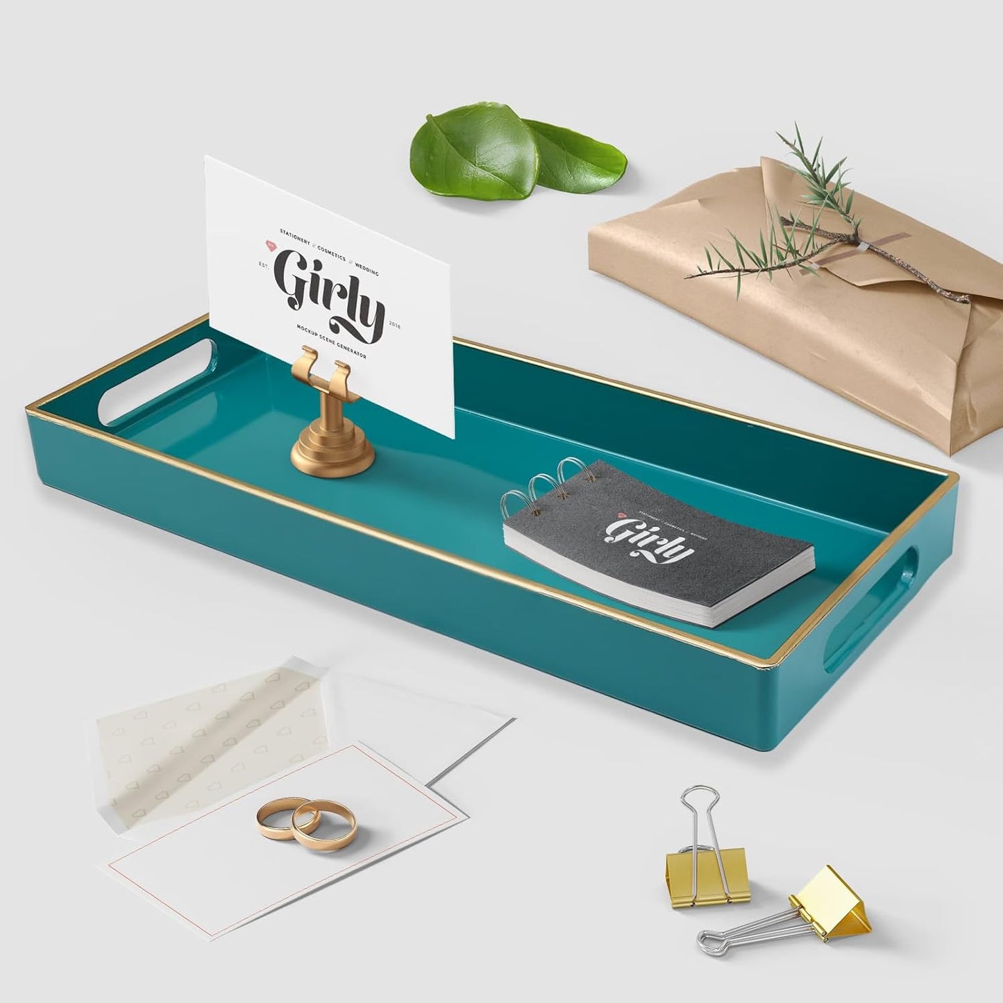 Green Bathroom Vanity Tray for Countertop, Small Plastic Toilet Tank Versatile Storage & Organization Tray for Makeup, Perfume, Desk, Kitchen, Candles, 13.7"x6"x1.4", 35GR