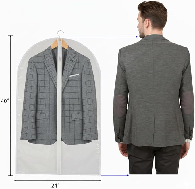 40” All Clear Garment Bags for Travel - PEVA Waterproof Suit Cover with Zipper for Hanging Clothes, Dresses, Coats - Durable Dresser for Closet Storage, Dustproof & Moisture Resistant - 40''/12 Pack