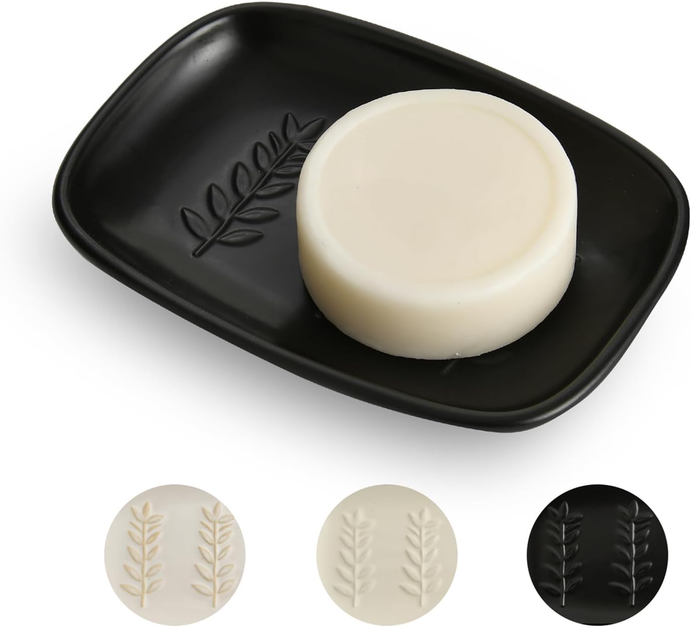 Ceramic Soap Dish for Bathroom, Bar Soap Holder with Elevated Ridges - Keeps Soap Dry, Premium Porcelain Dish, Elegant Modern Decor for Vanity Sink, Shower (Black)