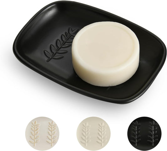 Ceramic Soap Dish for Bathroom, Bar Soap Holder with Elevated Ridges - Keeps Soap Dry, Premium Porcelain Dish, Elegant Modern Decor for Vanity Sink, Shower (Black)