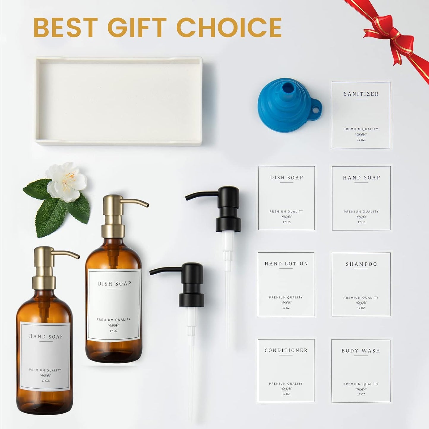 Glass Soap Dispenser for Kitchen, Farmhouse Dish & Hand Soap Dispenser Set, Rustproof Pump Bathroom Soap Lotion Dispenser with Tray, Waterproof Label for Kitchen Decor(Amber