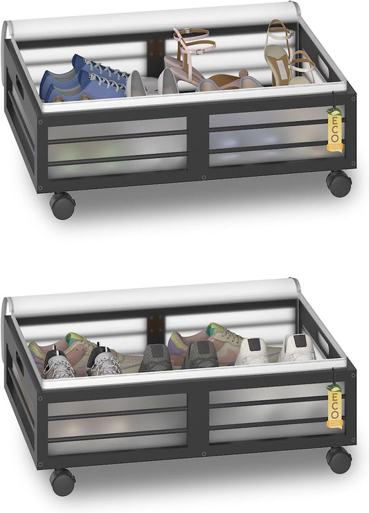 Under Bed Storage Containers with Wheels, Larger Bamboo Wood Under Furniture Storage Containers with Dust Bags，Rolling for Shoes Clothes