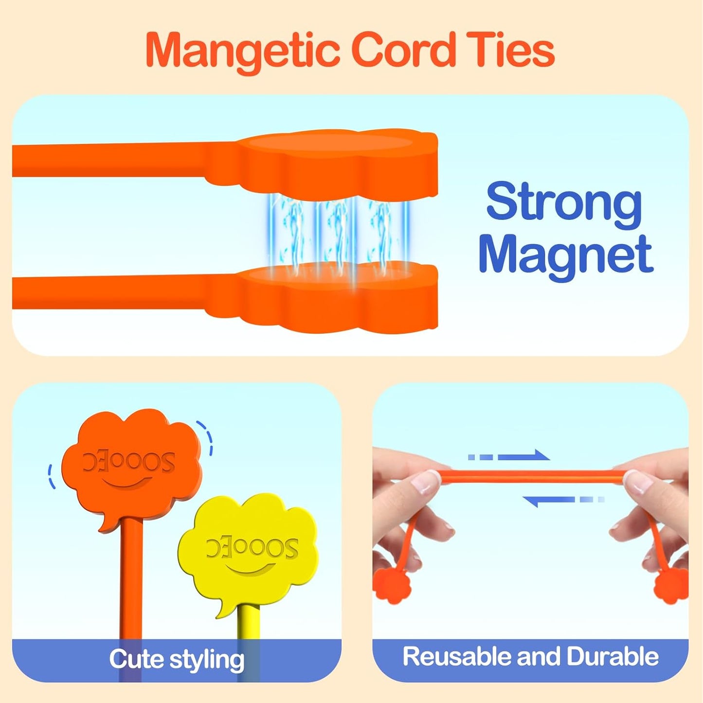 SOOOEC Magnetic Cord Ties, 16 Pack 7.2" Snap on Magnetic Cable Ties Cute Cloud Dialogue Design, Strong Magnetic Silicone Twist Ties for Bundling and Organizing, Assorted Colors.