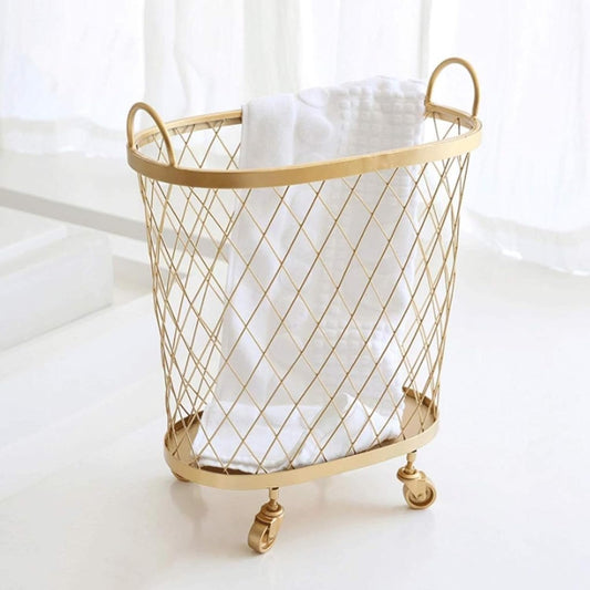Mesh Rolling Laundry Basket with Wheels Metal Sturdy Aesthetic Gold Bathroom Bedroom Modern Kitchen Storage Basket