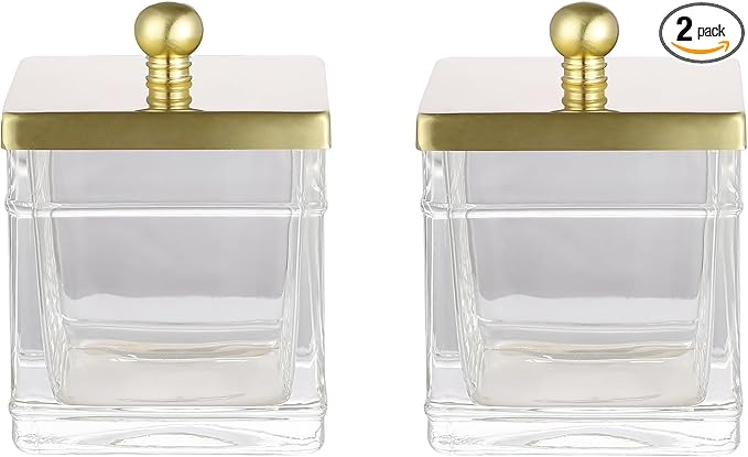 Glass Cotton Jar Holder 2 Pack– Brushed Gold Lid, Elegant Bathroom Storage Canister for Qtips, Cotton Balls, Floss, Makeup Organizer, Vanity & Bathroom Organization