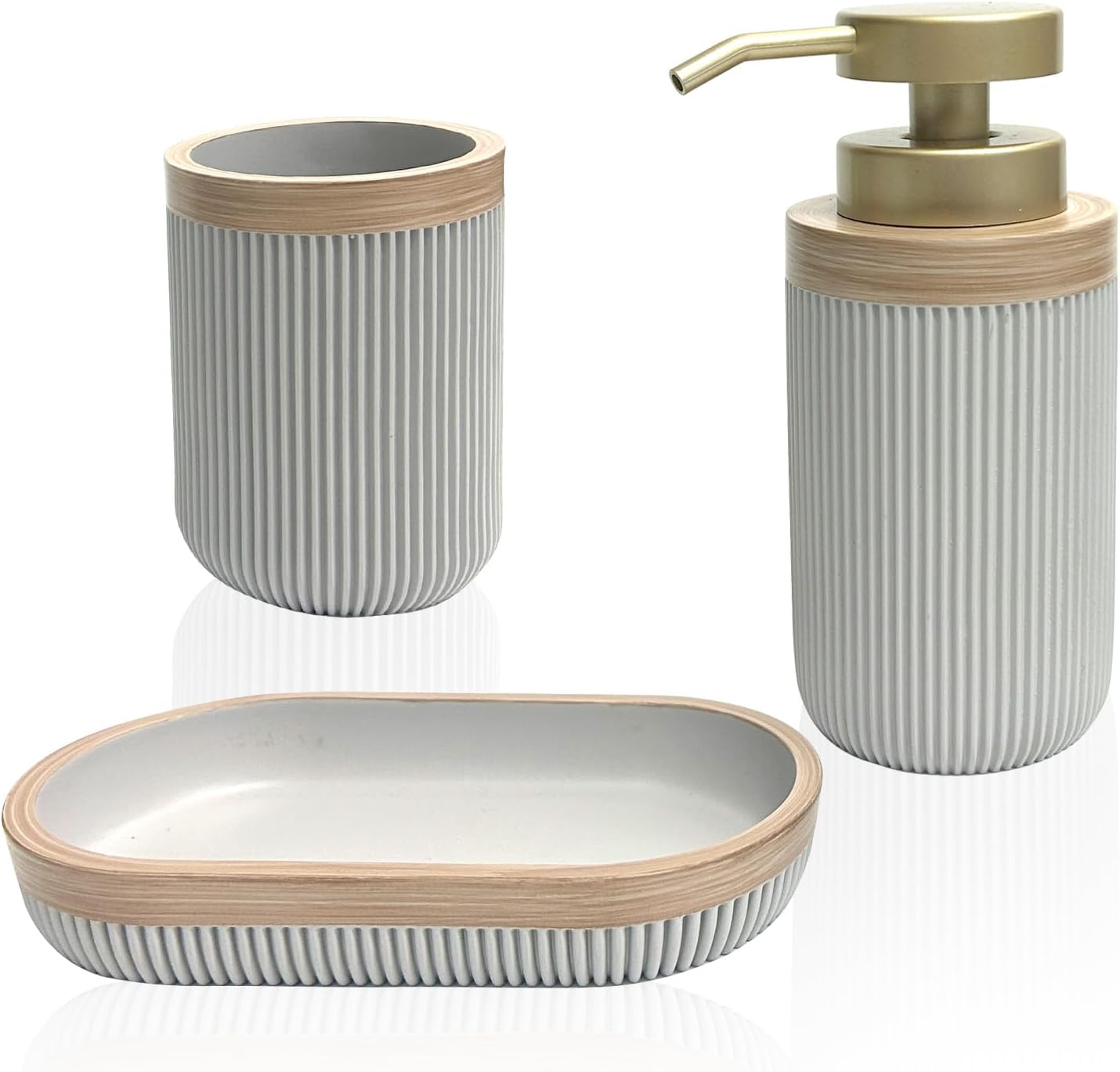 3-Piece Bath Accessories Set with Vanity Tray, Lotion Soap Pump, Bathroom Tumbler, Countertop Organizer, Grey