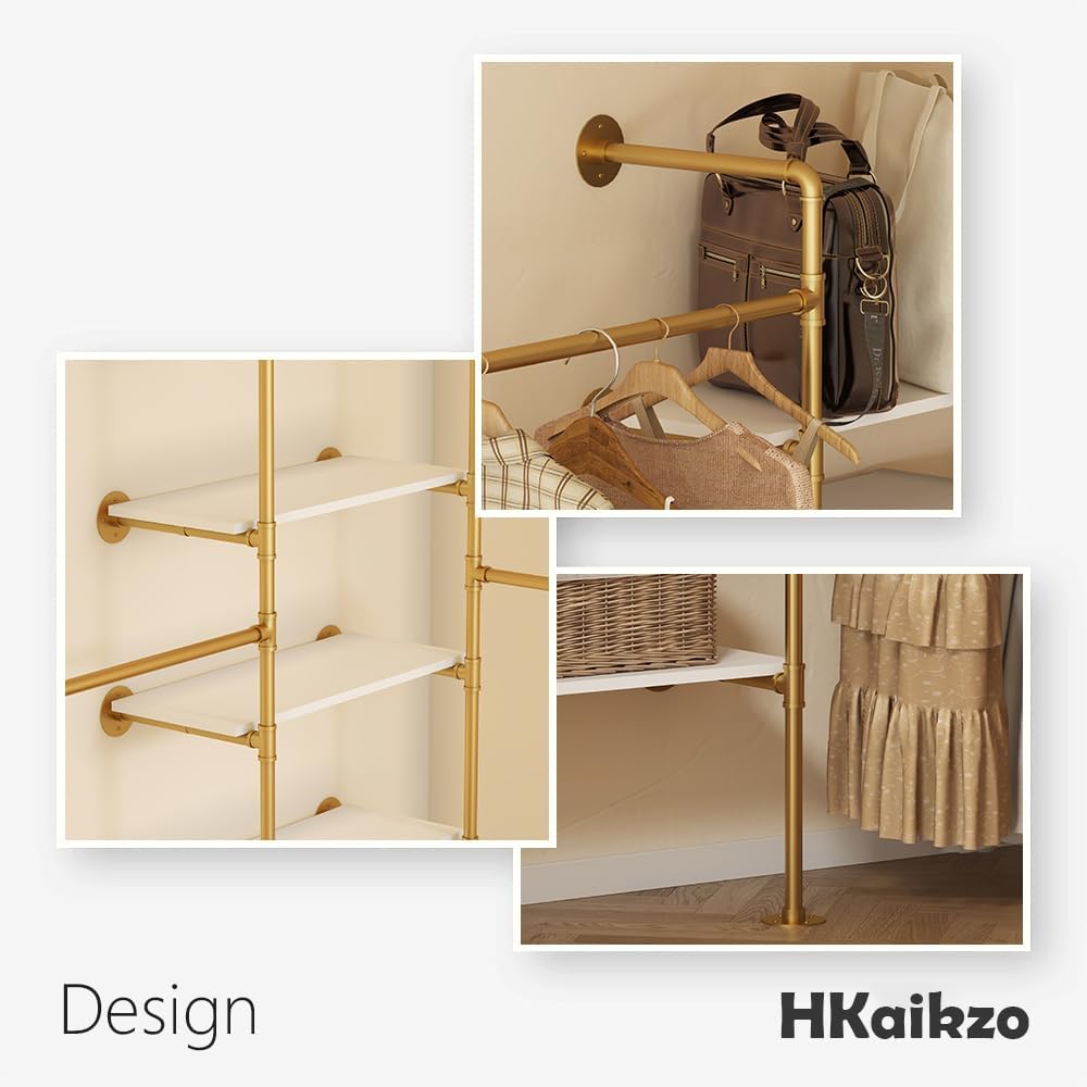 Industrial Pipe Clothes Rack, DÉCOR Wall Mounted Clothing Rack, for Walk-in Wardrobe Multi-Purpose Storage Clothes Hanging Shelf, 2 Installation Methods Gold
