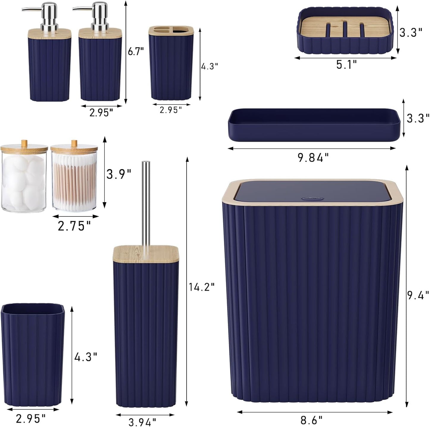 Bathroom Accessories Set - Elegant Blue Bathroom Set, 10PC Bathroom Accessory Set, Toilet Brush, Trash Can, Qtip Holder Dispenser & Soap Dispenser