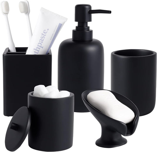 Resin Matte Black Bathroom Accessories Set of 5, Lotion Soap Dispenser, Bathroom Organizer Accessory, Toothbrush Holder, Self Draining Soap Dish and Bathroom Tumbler for Modern Home Decor