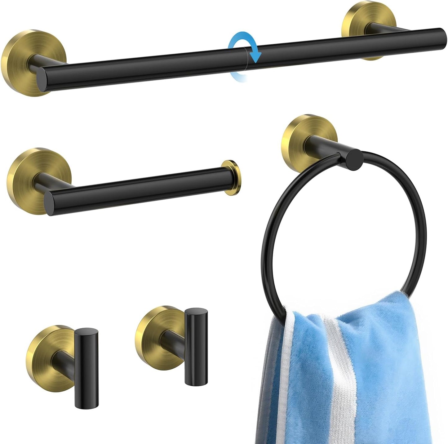 5 Pcs SUS304 Stainless Steel Bathroom Accessories Set, 24" Towel Bar, Round Towel Ring, Toilet Paper Holder, 2 Towel Hooks, Minimalist Design for All Styles Bathrooms (Black+Gold)