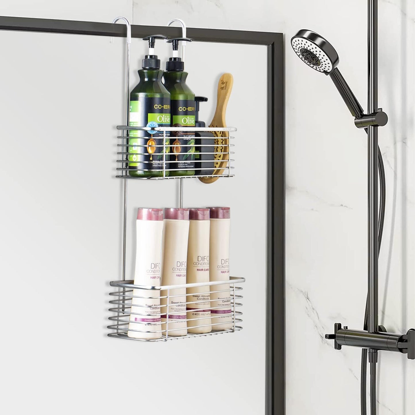 YQh Stainless steel double-layer shower rack, shower room hanging bathroom organizer, storage rack installed on the hanging bar or door, can store shampoo, hair conditioner, shower gel (double)