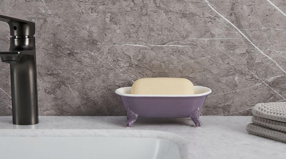 6.5" Ceramic Mini Decorative Clawfoot Bathtub Bar Soap Dish, Kitchen Sponge Holder and Shower Tray for Bathroom, 1 Pack(Lavender)