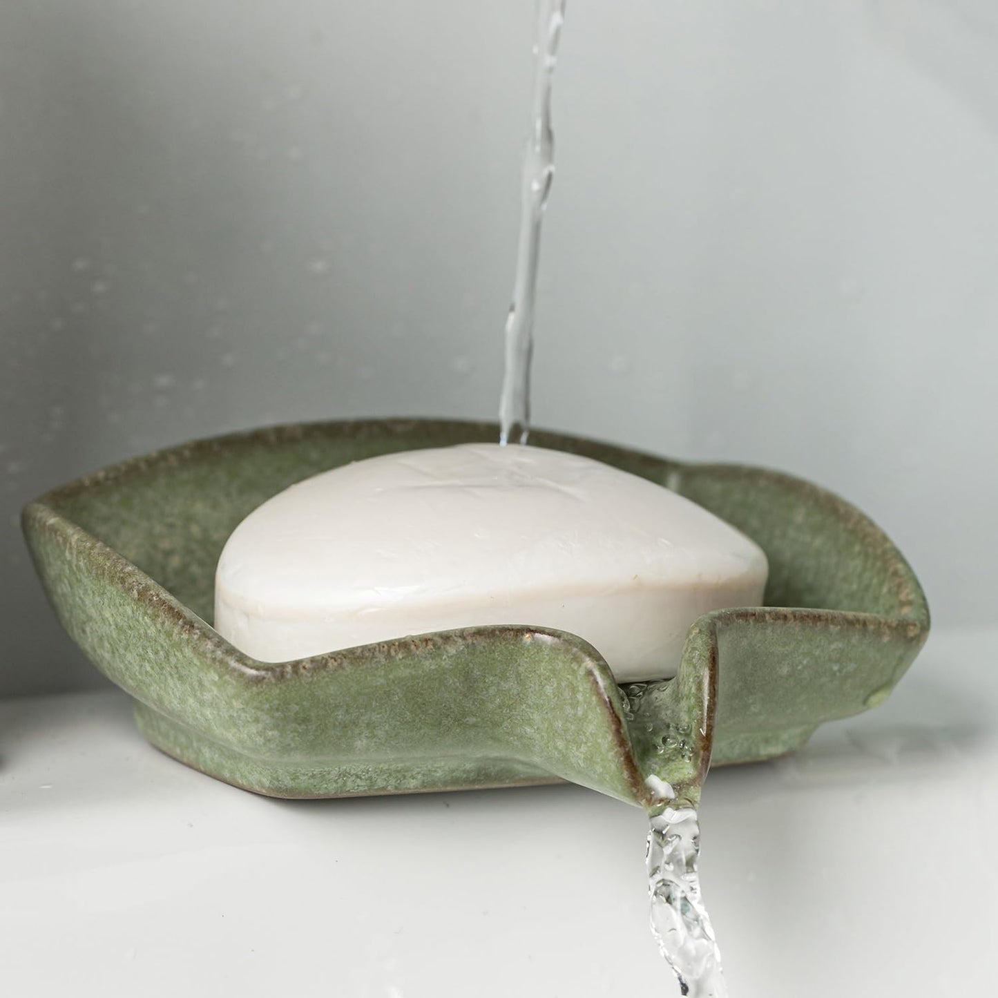 Self Draining Soap Dish, Ceramic Drain Soap Holder Waterfall Design Soap Saver for Shower, Bathroom, Sink, Kitchen and Countertop, Keeps Dry, Green