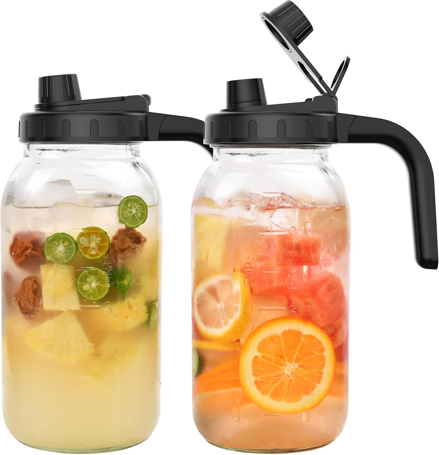 2-Pack 64oz Glass Mason Jar Pitchers with Wide Mouth & Measurement Marks – Leak-Proof Twist Lids for Cold Brew, Iced Tea, Juice, Lemonade