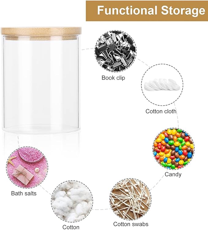 Bamboo Vanity Tray, Bathroom Tray Organizer Glass Qtip Holder Dispenser Apothecary Jars for Cotton Swabs Balls, Round Pad, Perfume Candles, Cosmetics and Jewelry Storage Organizer