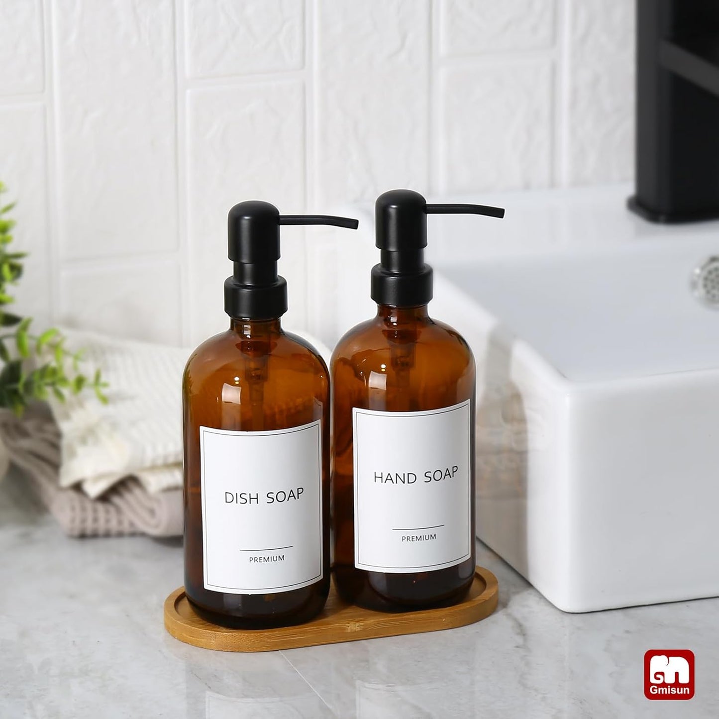 GMISUN Amber Glass Soap Dispenser, 2 Pack Bathroom Hand Soap Dispensers with Bamboo Tray, 17 Fl Oz Kitchen Hand and Dish Soap Dispenser Set, Modern Vintage Liquid Brown Soap Dispensers Bottle