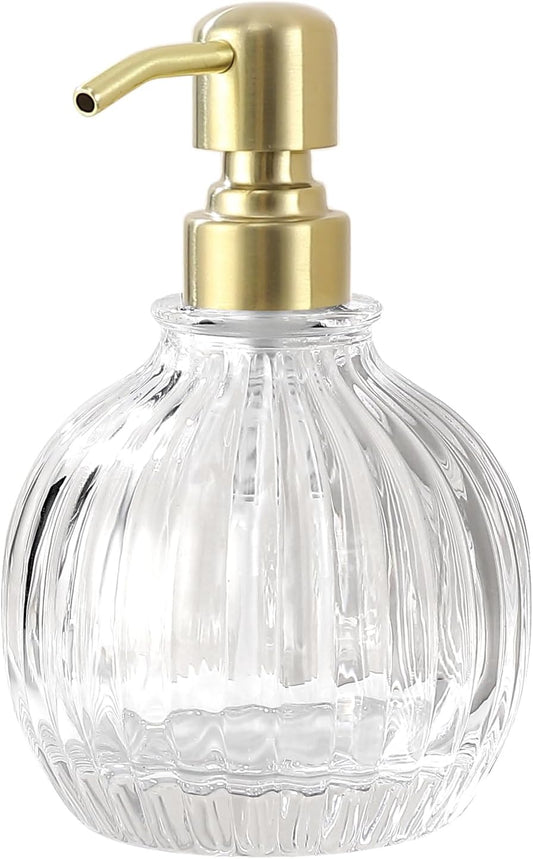 Round Bathroom Soap Dispenser Gold Pump, Glass Bottle with Stainless Steel Pump Liquid Soap Dispenser Sphere Counterto Hand Kitchen