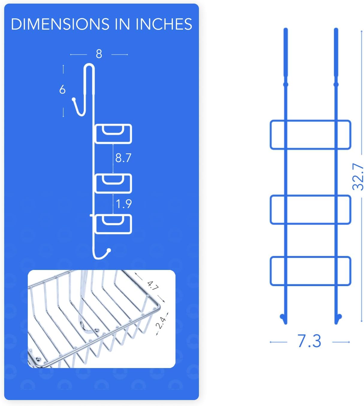 Bamodi Shower Caddy Hanging - 3-Tier Over Door Shower Basket Chrome-Plated - No Drilling Required - Fits Shower Screens up to 0.78 inches - Hangable Shower Rack with 2 Towel Hooks
