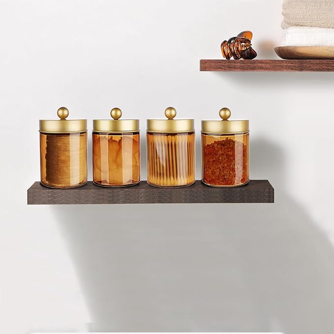 Amolliar Bronze Glass Apothecary Jar, Qtip Holder Metal Lid & Stickers, Bathroom Qtip Dispenser Storage Canister, Perfect for Cotton Balls, Cotton Swabs, Makeup Pads, Bath Salt, Floss, 4 Pack (Gold)