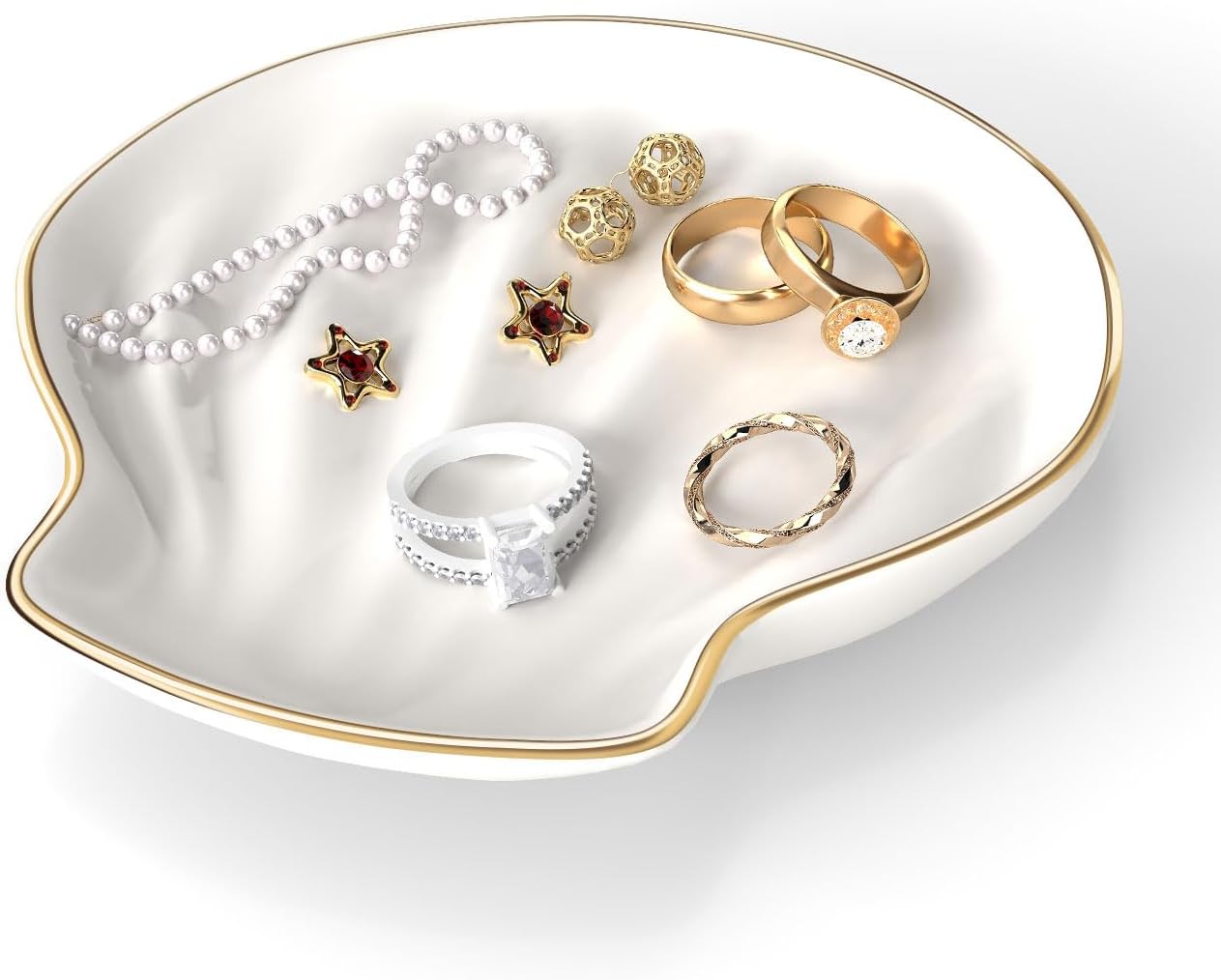 Jewelry Dish for Rings & Necklaces – Aesthetic Ceramic Jewelry Organizer Tray Shell Shaped White Plate Jewelry Holder & Storage Tray for Dresser Vanity Bathroom Nightstand or Gift for Her