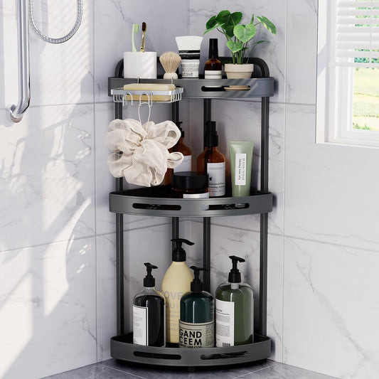 Corner Shower Caddy Standing, 3-Tier Rustproof Shower Organizer with Soap Holder, Aluminum Shower Shelf Stand for Bathroom Storage, Gray