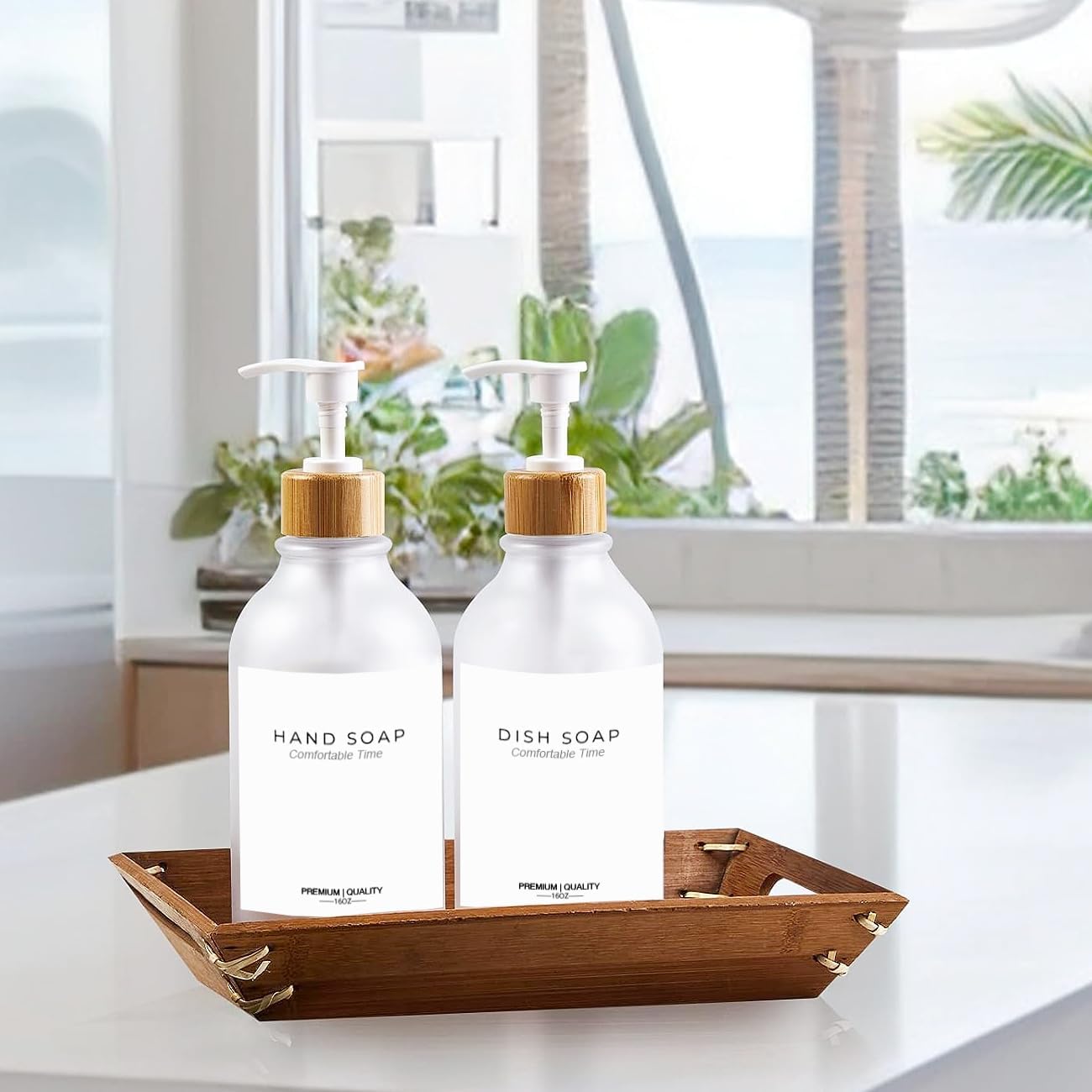 Frosted Heavy Duty Shampoo and Conditioner Bottles, Apothecary Dispenser Bamboo Pump, Refillable Shampoo Bottles for Shampoo Lotion Oil Shower Soap Hand Soap and Dish Soap (Matte Clear)