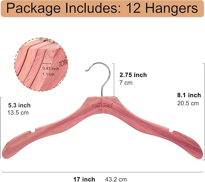 TOPIA HANGER Red Cedar Coat Hangers 12 Pack, Premium Wood Suit Sweater No Shoulder Bump Hangers, 360° Swivel Hook and Cut Notches Clothes Hangers for Sweater, Coat, Shirts, Jackets, Dress, CT84C
