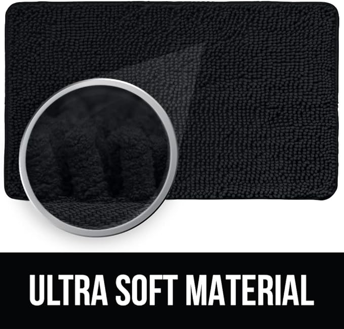 KANGAROO Bathroom Rugs, Chenille Soft Absorbent Bath Rug, Shaggy Shower Mat, Quick Dry Machine Wash Bathmat, Plush Carpet Mats for Tub, Bathtub and Room Home Decor Accessories, 60x24, Black