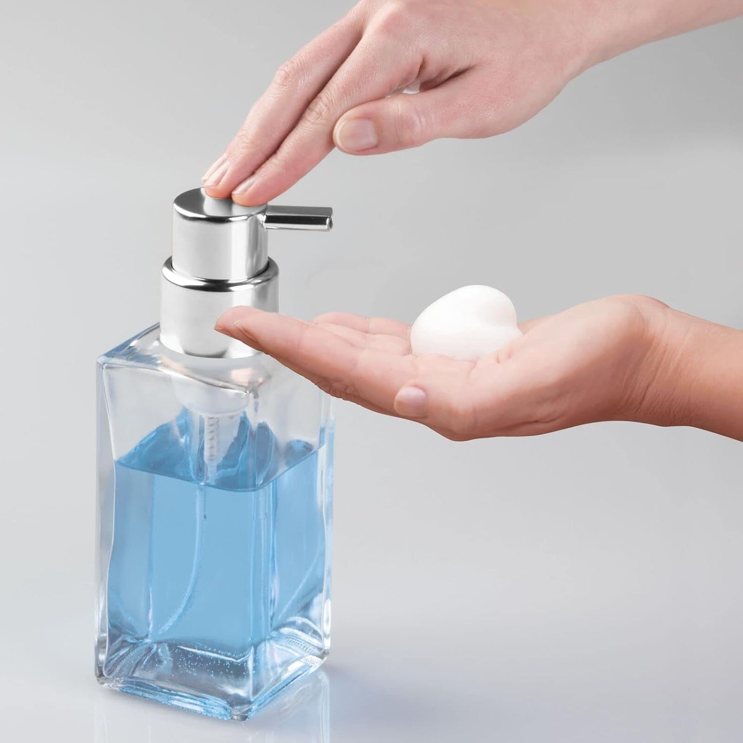 mDesign Glass Refillable Foaming Hand Soap Dispenser Modern Square Pump Bottle for Bathroom Vanities or Kitchen Sink, Countertops - 2 Pack - Clear/Chrome