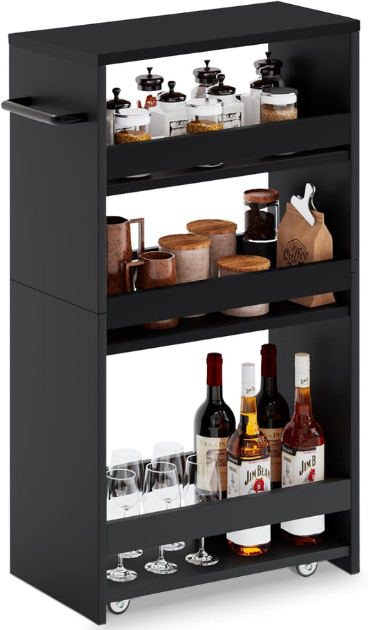 MARTY Rolling Storage Cart 7.9" W, 4-Tier Kitchen Cart with Wheels Handle, Slim Storage Cart Mobile Shelving Utility Carts for Bathroom Laundry Room Organization Narrow Places (All Black)