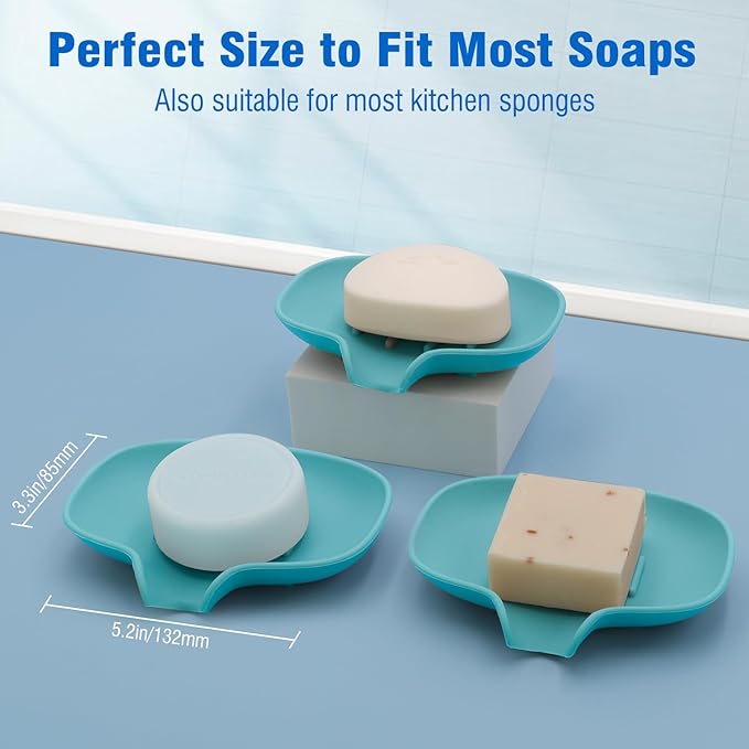 3 Pack Soap Bar Holder, AIMAIAIMAI Self Draining Soap Dish, Quick Drainage, Soap Dishes for Bathroom, Shower, Silicone Soap Tray for Kitchen, Dishwasher Safe (Green)
