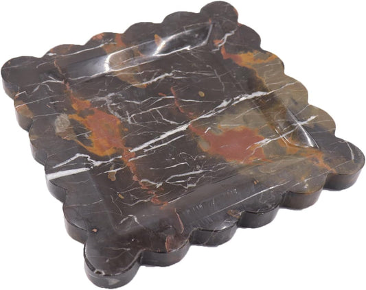 Square Marble Decorative Tray with Scalloped Edge, Luxury Natural Stone Bathroom Vanity Tray, Dresser Top Perfume Coffee Home Kitchen Sink Tray, Key Trinket Ring