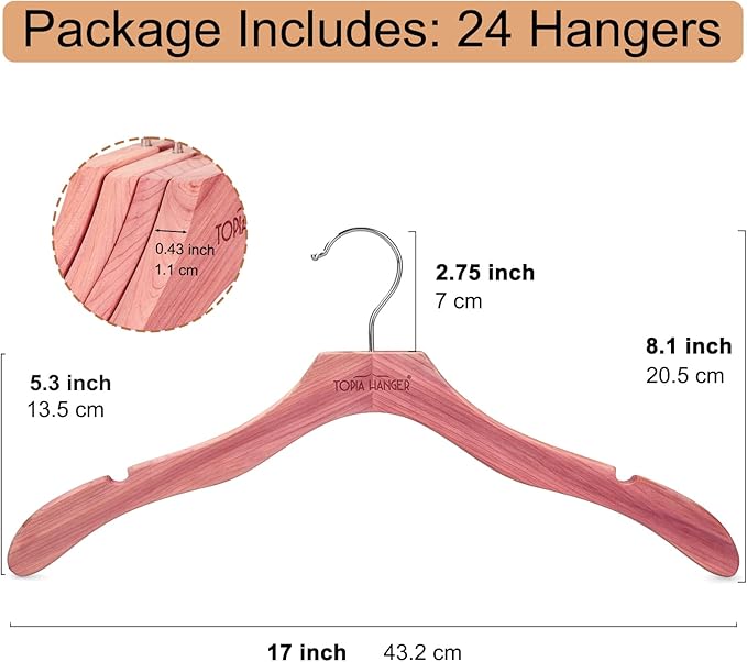 TOPIA HANGER Red Cedar Coat Hangers 24 Pack, Premium Wood Suit Sweater No Shoulder Bump Hangers, 360° Swivel Hook and Cut Notches Clothes Hangers for Sweater, Coat, Shirts, Jackets, Dress, CT85C