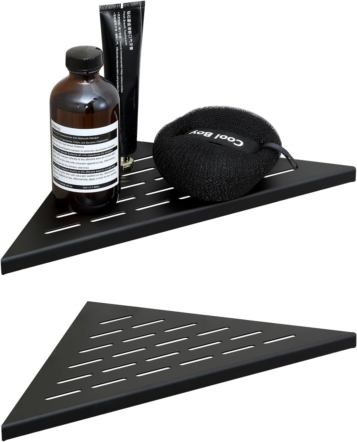 MENATT 10" No Drilling Corner Shower Shelf (2-Pack) – Recessed Stainless Steel Shower Caddy for Tiled Walls, 304 Steel Bathroom Shelves, Wall Mounted Triangular Organizer(Matte Black)