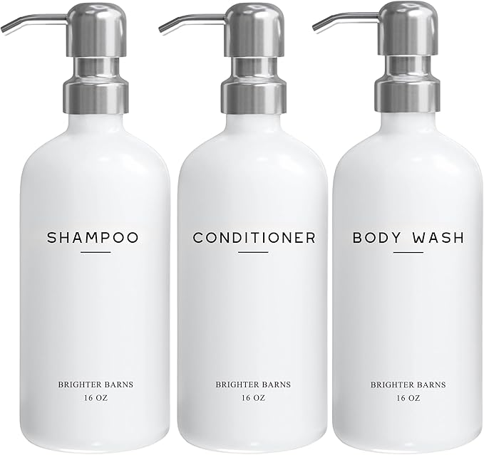 White Shampoo and Conditioner Dispenser Set by Brighter Barns - Shower Dispenser for Bathroom - Refillable Plastic Shampoo Bottle & Stainless Steel Pump - Shampoo Dispenser for Vacation Rental (White)