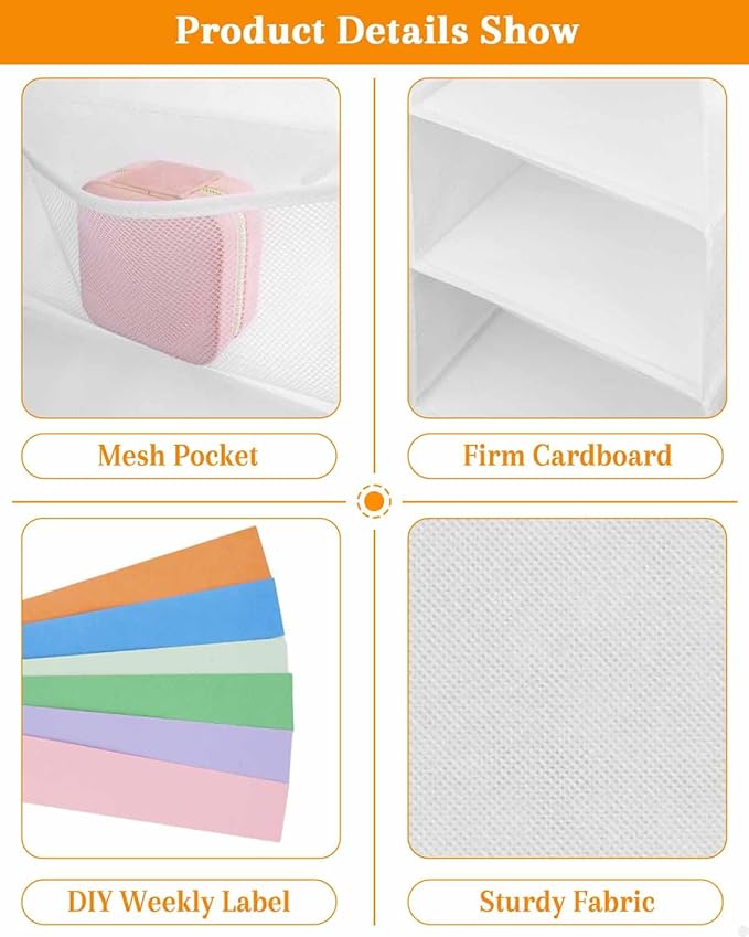 punemi Weekly Clothes Organizer for Kids, 6-Shelf Hanging Closet Storage with Side Pockets, Days of The Week Design, 11.8" x 11.8" x 37.8", Perfect for Organizing a Week's Worth of Kids' Clothing