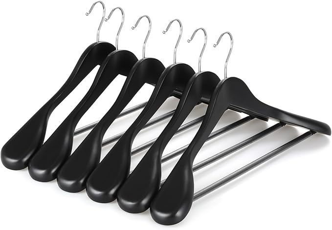 TOPIA HANGER Wide Shoulder Wooden Hangers, Suit Hangers with Non Slip Pants Bar & 360° Swivel Hook, Solid Wood Heavy Duty Coat Hanger, 6 Pack (Matte Black)-CT02B