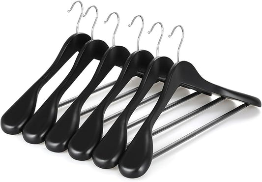 TOPIA HANGER Wide Shoulder Wooden Hangers, Suit Hangers with Non Slip Pants Bar & 360° Swivel Hook, Solid Wood Heavy Duty Coat Hanger, 6 Pack (Matte Black)-CT02B