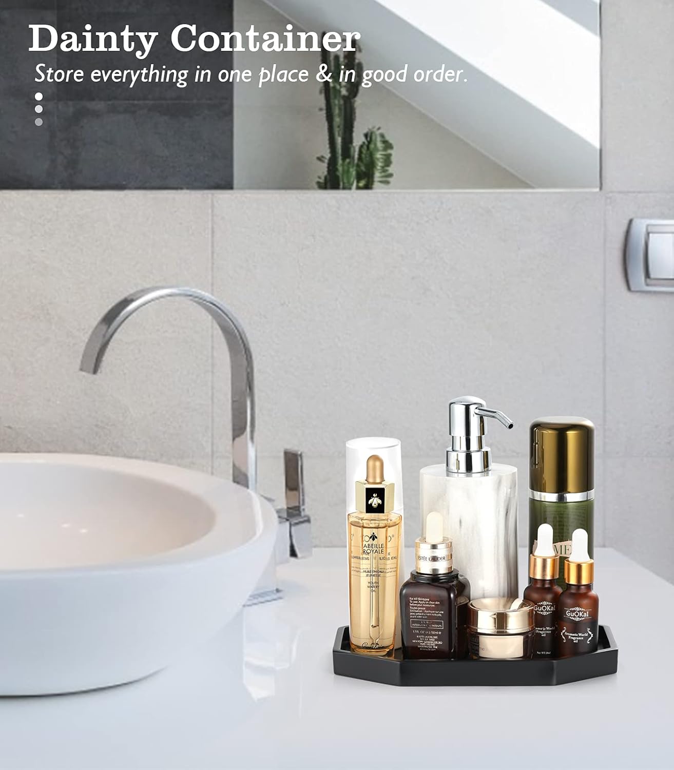 Emibele Vanity Tray - Resin Bathroom Jewelry Ring Dish, Small Octagon Perfume Tray for Dresser Countertop, Candle Decorative Tray, Toilet Tank Kitchen Sink, Marble Home Decor, Matte Black